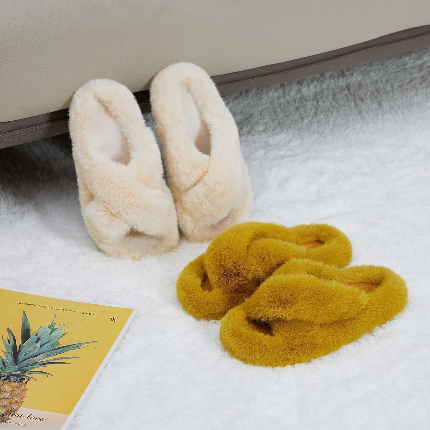 Women's Cross Band Open Toe Plush Fleece House Slippers - Comfortable Non-Slip Faux Fur Slip-Ons