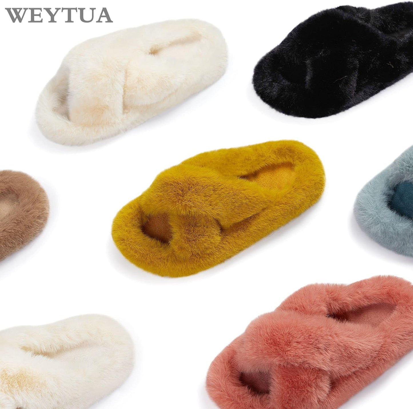 Women's Cross Band Open Toe Plush Fleece House Slippers - Comfortable Non-Slip Faux Fur Slip-Ons