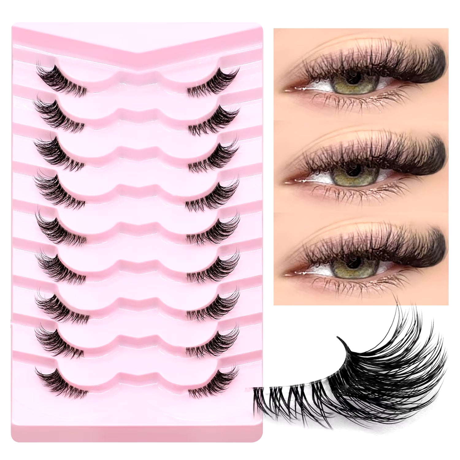 Half Eyelashes Natural Cat Eye Lashes Soft Wispy Clear Band Lashes with Winged Ends for Extended Eye Look Makeup