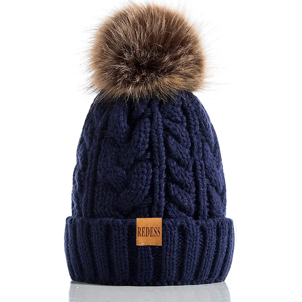 Women Winter Pompom Beanie Hat with Warm Fleece Lined, Thick Slouchy Knit Skull Ski Cap-Navy