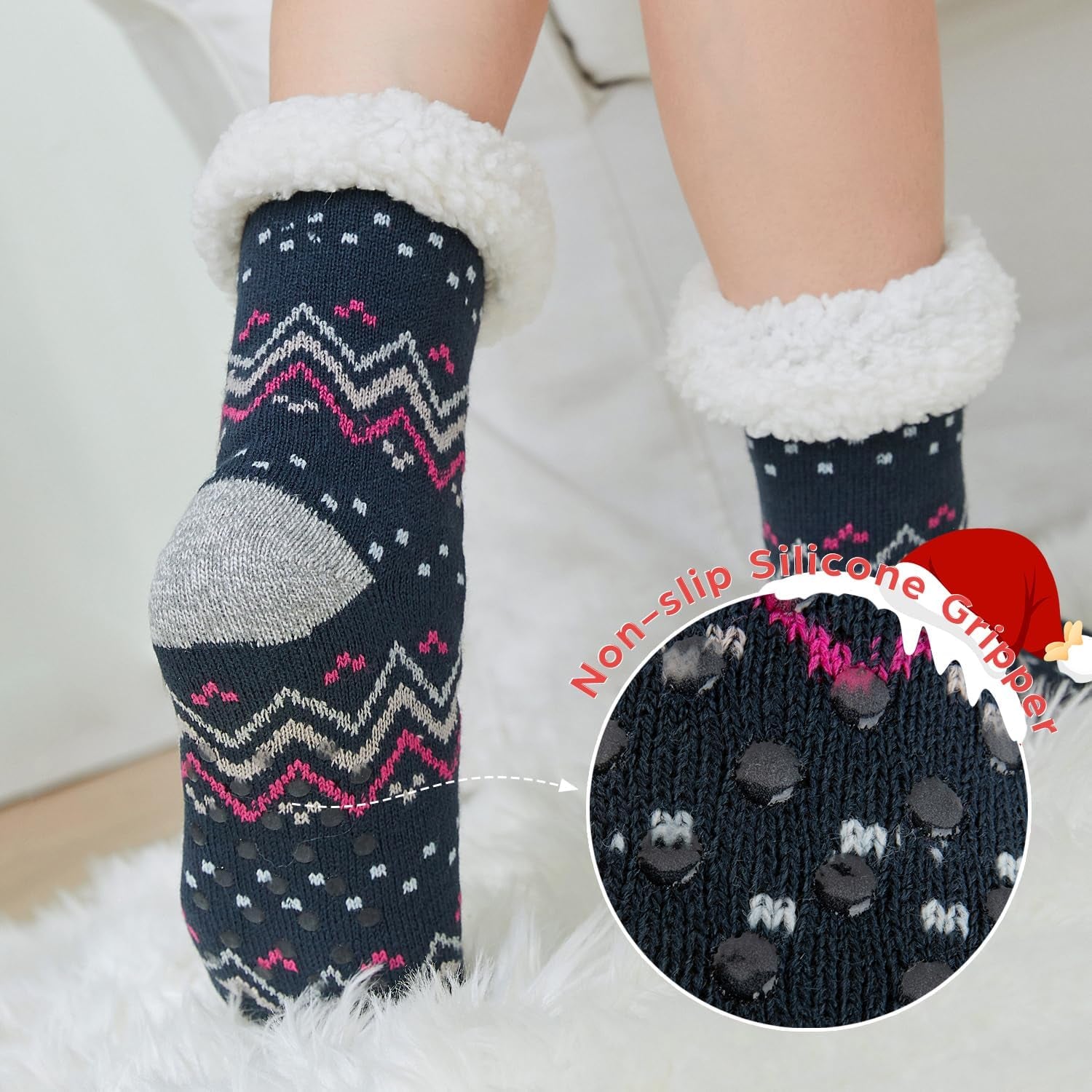 DG Hill Women's Sock Slippers - 2 Pack Non-Slip Fuzzy Thermal Socks with Grippers and Sherpa Fleece Lining