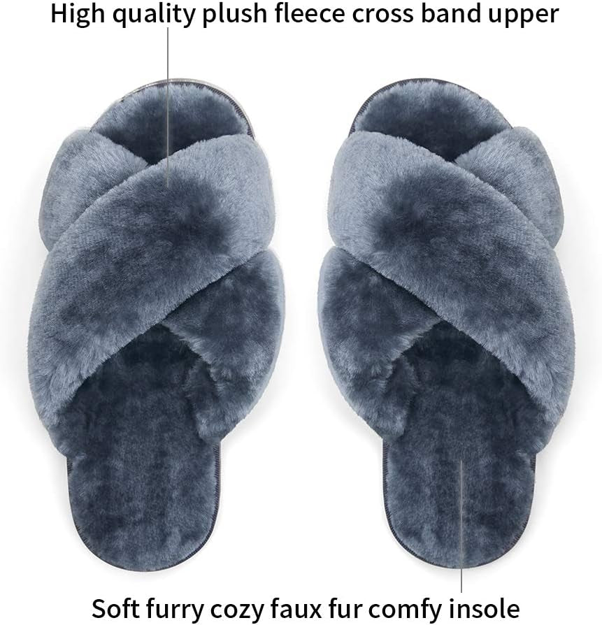 Vepose Women's Plush Furry Cross Band Slippers - Soft Open Toe Fur Slides for Indoor and Outdoor Use