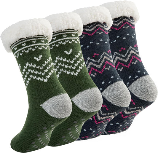 DG Hill Women's Sock Slippers - 2 Pack Non-Slip Fuzzy Thermal Socks with Grippers and Sherpa Fleece Lining