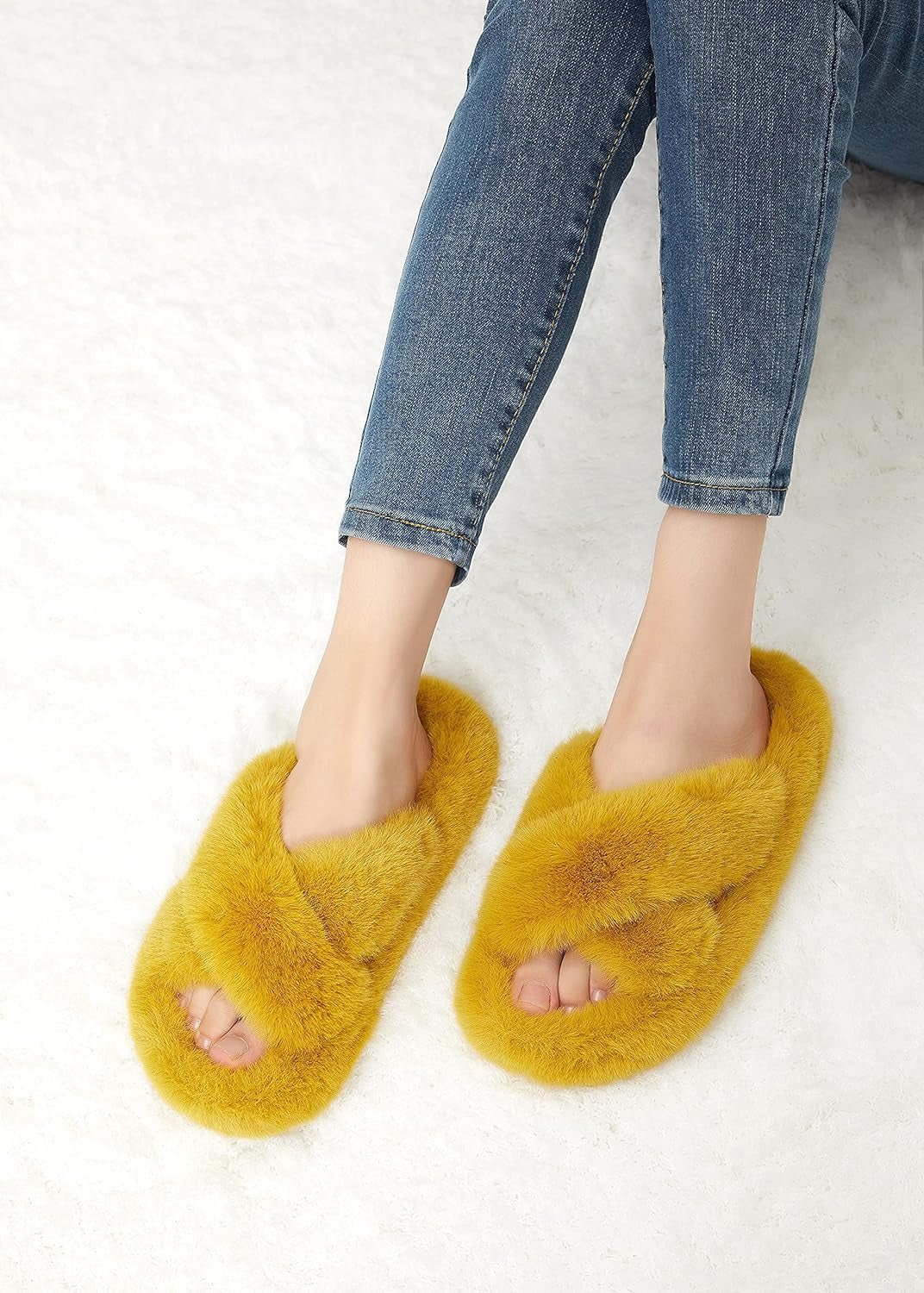 Women's Cross Band Open Toe Plush Fleece House Slippers - Comfortable Non-Slip Faux Fur Slip-Ons